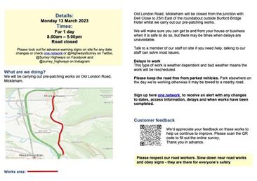  - Monday 13 March / Road closure / ** UPDATE **